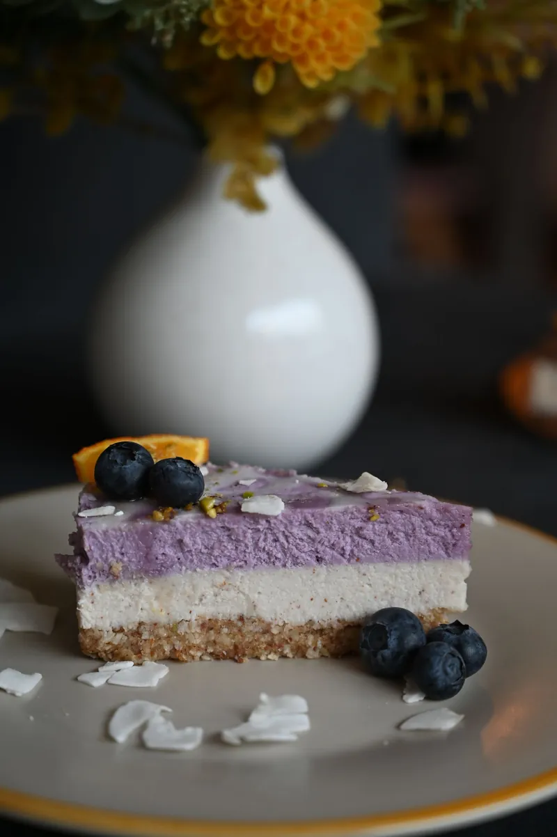 Slice of blueberry and coconut cake with fresh blueberries